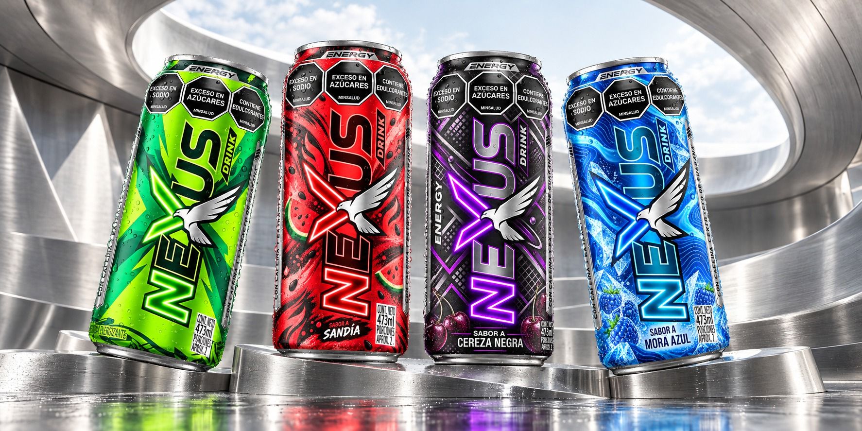 Las cuatro latas Nexus en una arquitectura metálica circular