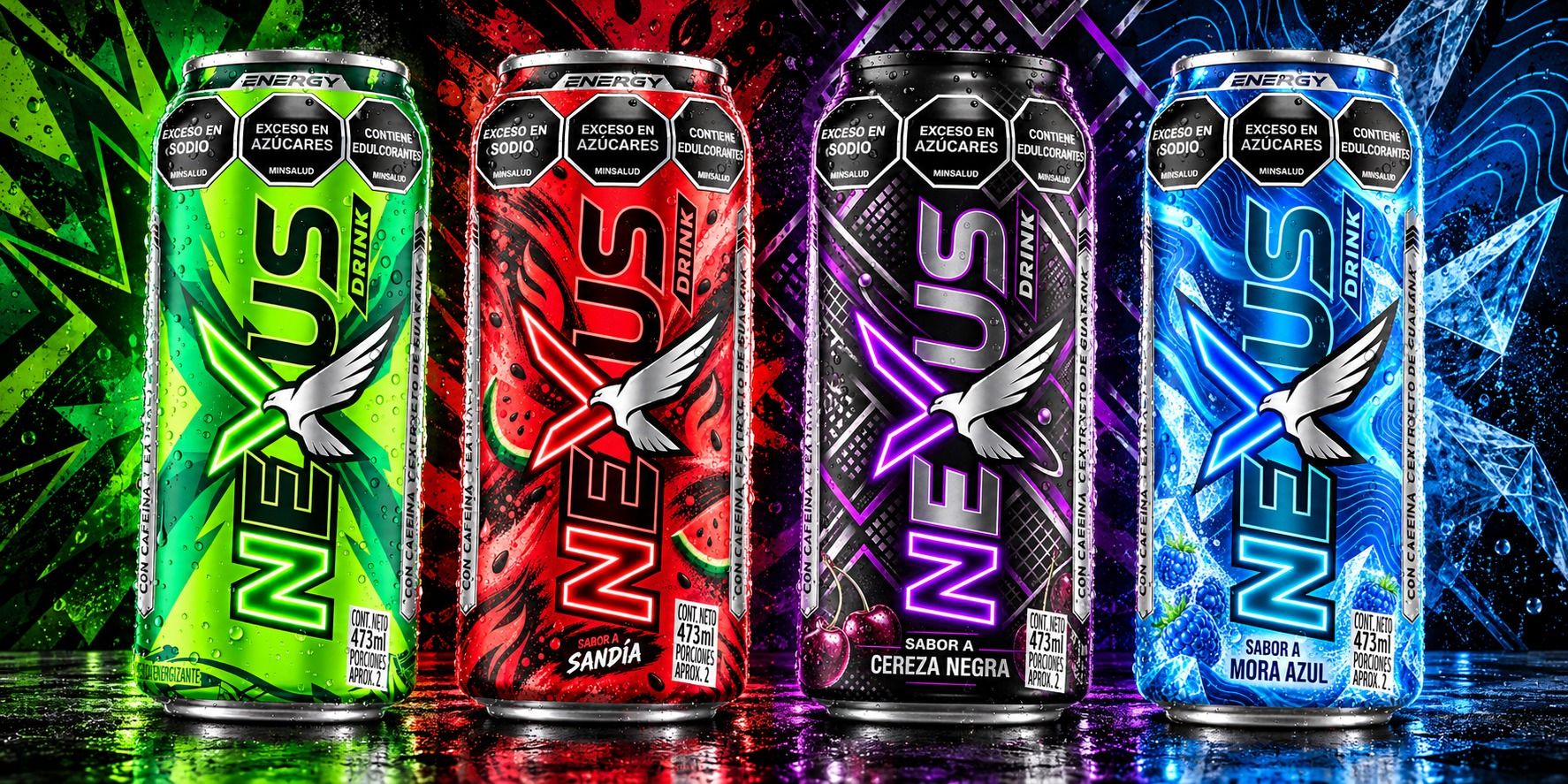 Las cuatro latas Nexus alineadas frente a una pantalla de neón