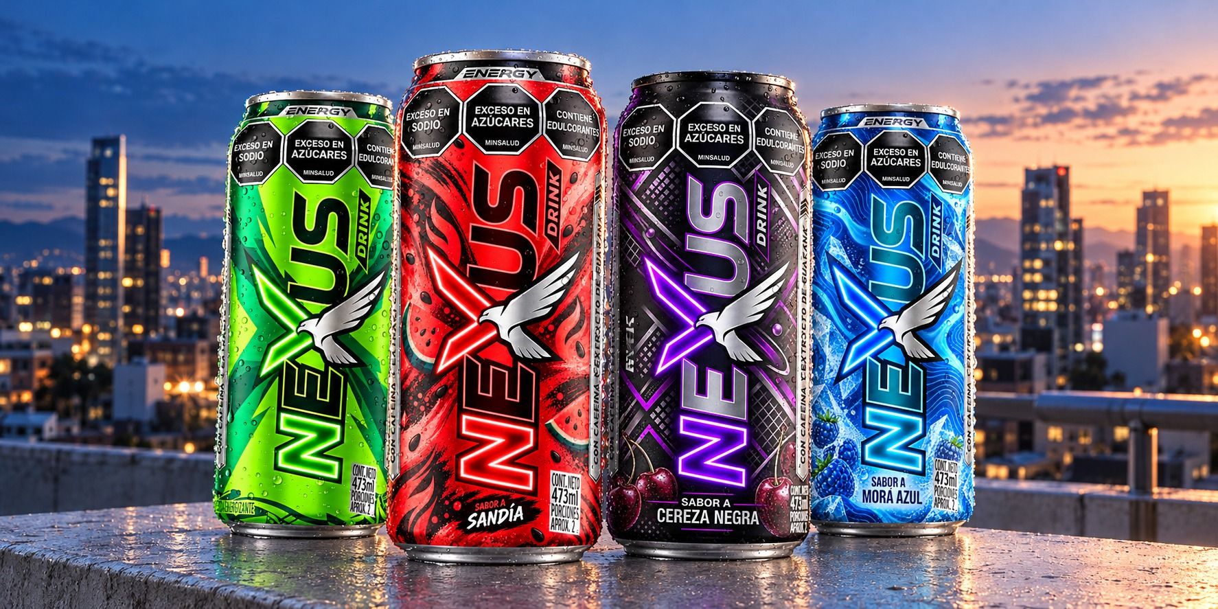 Las cuatro latas Nexus en una azotea al atardecer