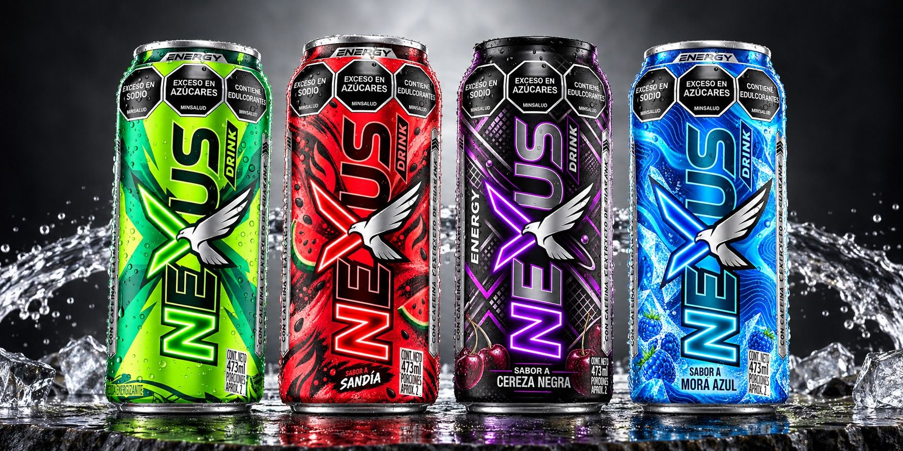 Las cuatro latas Nexus en un estudio con salpicaduras de agua