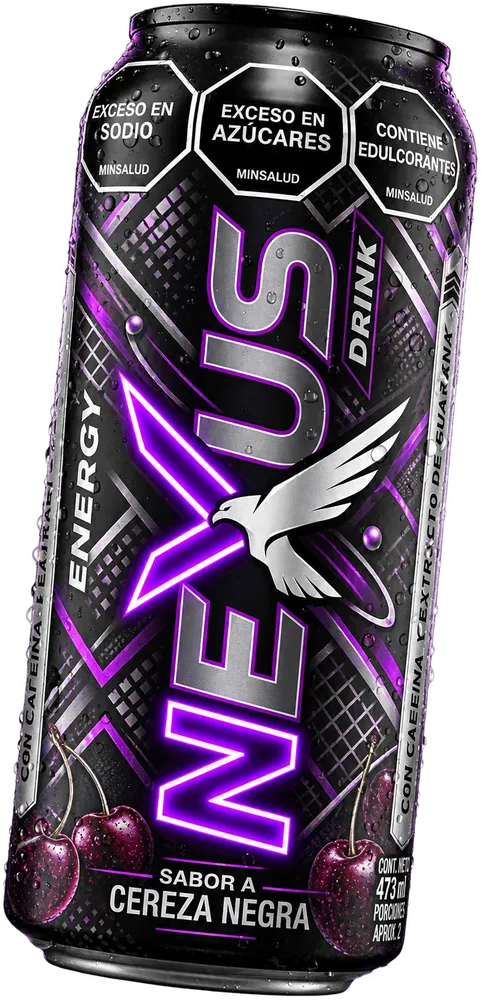 Lata Nexus Negro Cereza negra y plateada con neón violeta y cerezas, 473 ml