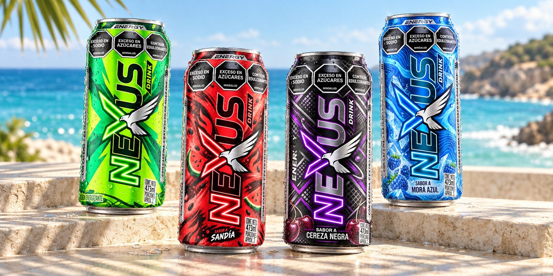 Las cuatro latas Nexus sobre piedra frente al mar