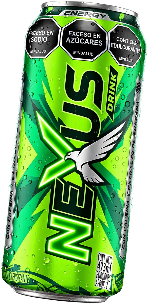 Lata Nexus Verde con la X de neón verde y el halcón plateado, 473 ml